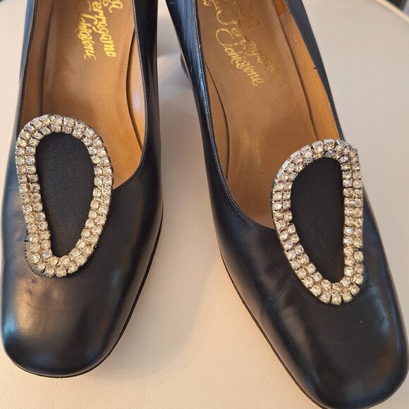 Vintage Ferragamo Black Leather Pumps Heels with Vintage Rhinestone Toe Clips - Picture 5 of 11